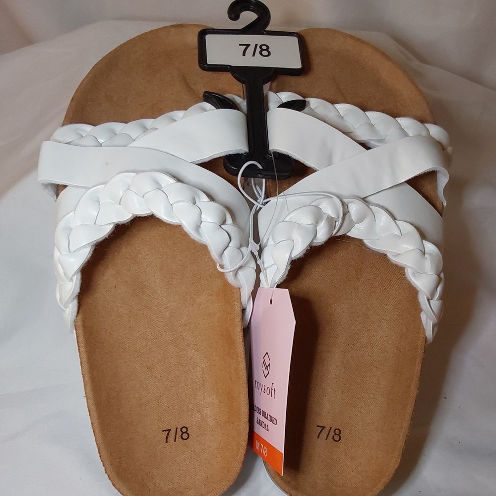 Womens Size M 7-8 Sandals Braided White Leather Slip-on Summer Beach NWOB